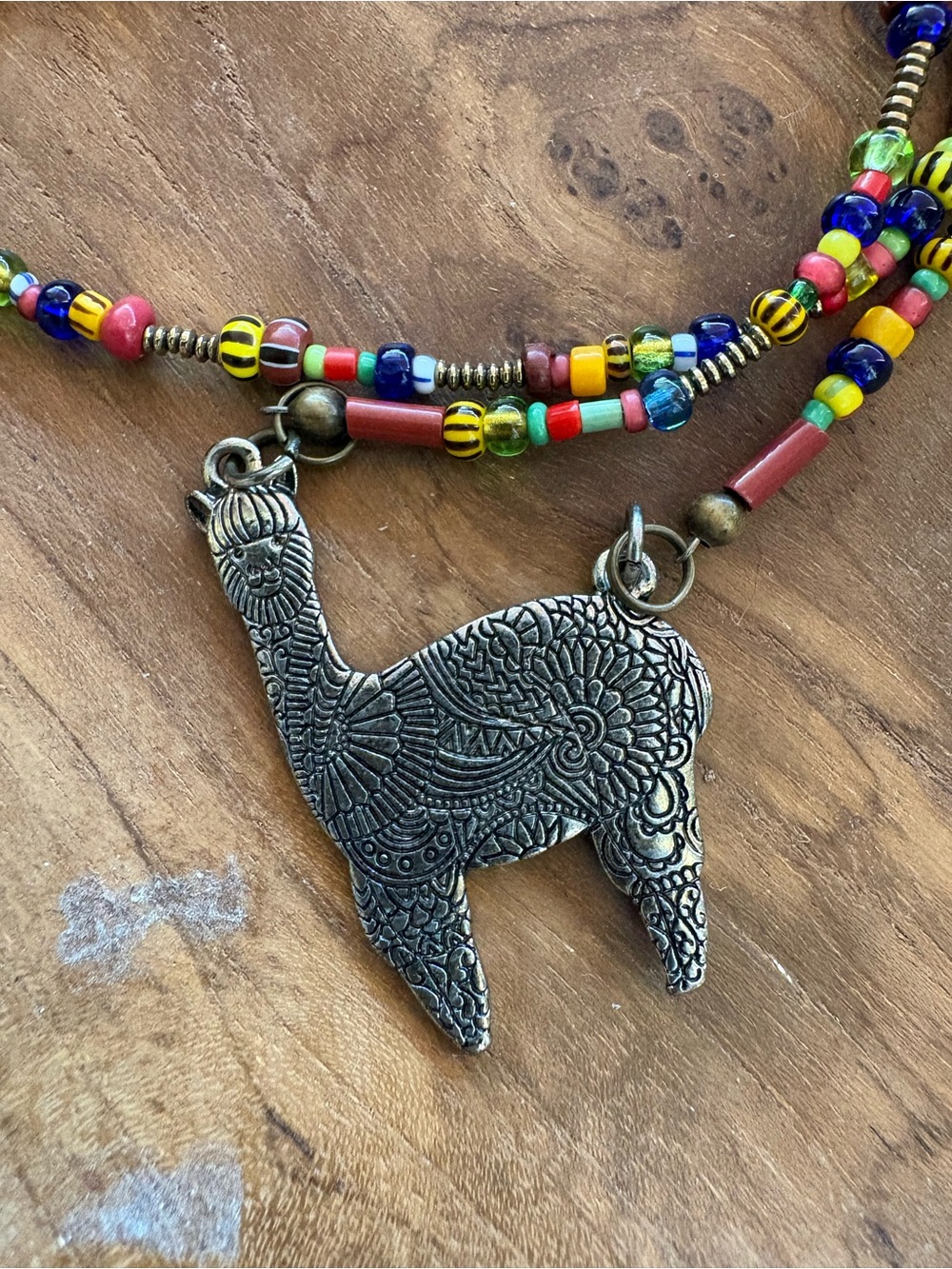 Hand Crafted Multicolor Beaded Necklace with Brass Llama Pendant - Picture 2 of 2